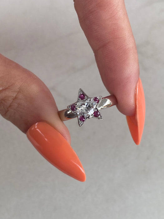 Vintage Platinum 900 Ruby & Heart Diamond Star Ring | 0.62 TCW | Size 4.75