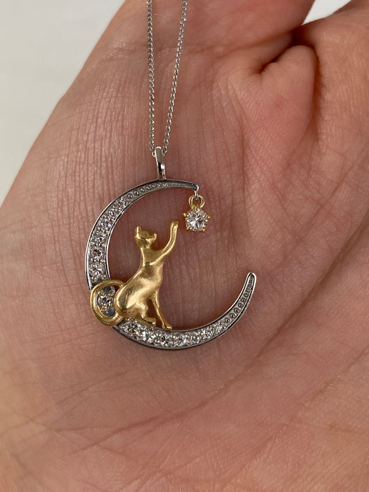 Vintage Platinum 900 & 18K Gold Diamond Crescent Moon & Cat Pendant – 0.23 CTW Natural Diamonds