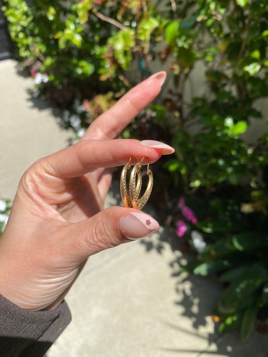 Vintage 14K Gold Etched Heart Hoop Earrings