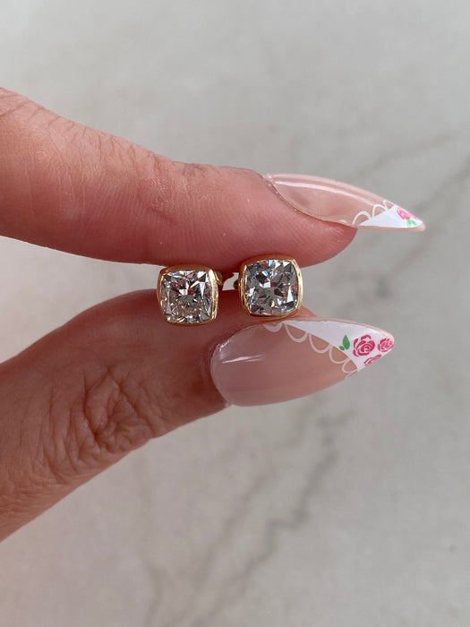 14K Gold 2 Carat Cushion Cut Lab Diamond Bezel Stud Earrings