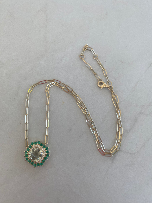 14K Gold Prasiolite, Diamond & Emerald Paperclip Chain Necklace