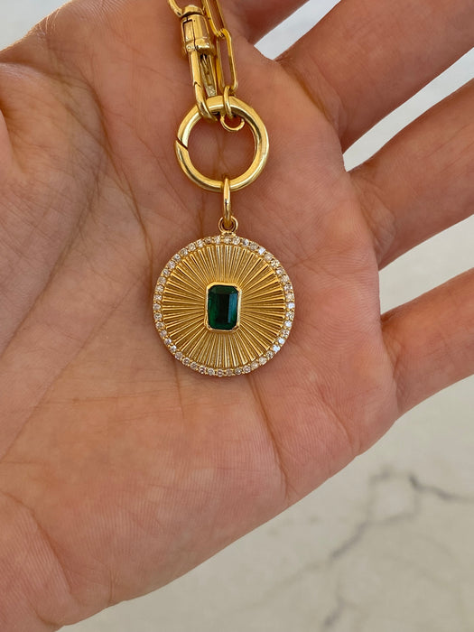 14K Gold Fluted Emerald & Diamond Halo Charm