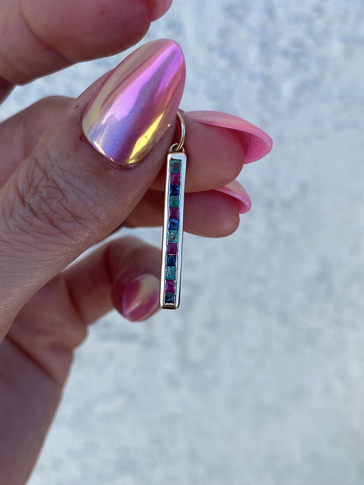 14K Gold Channel Set Emerald, Sapphire & Ruby Bar Pendant – 0.55 TCW Princess Cut Gemstone Pendant