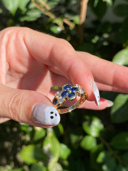 18k blue sapphire and diamond flower ring size 5