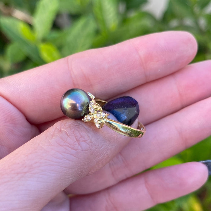 14k rainbow black pearl with diamond butterfly ring size 7