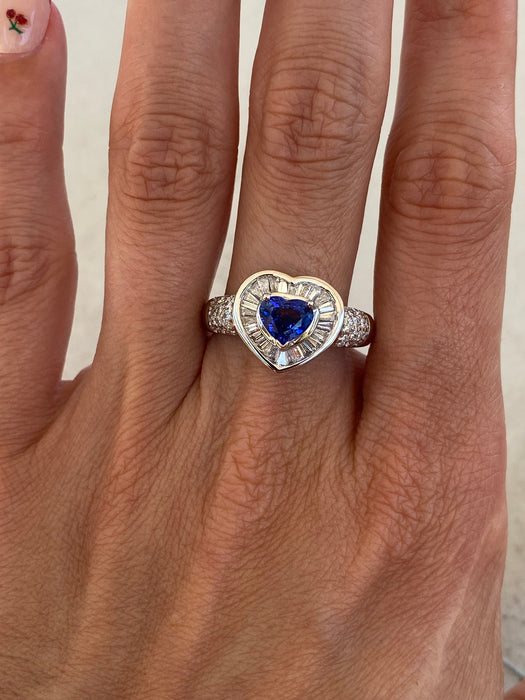 Vintage Platinum 900 Heart Sapphire & Diamond Ring