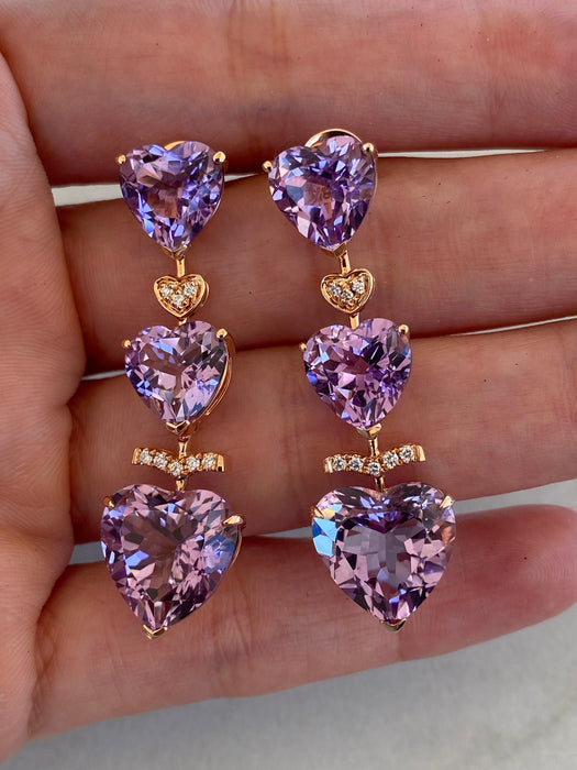 18K Rose Gold Amethyst & Diamond Heart Drop Earrings