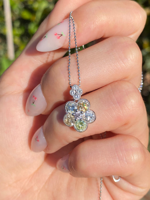 Vintage Platinum Bead Necklace with Articulated Natural Diamond Flower Charm