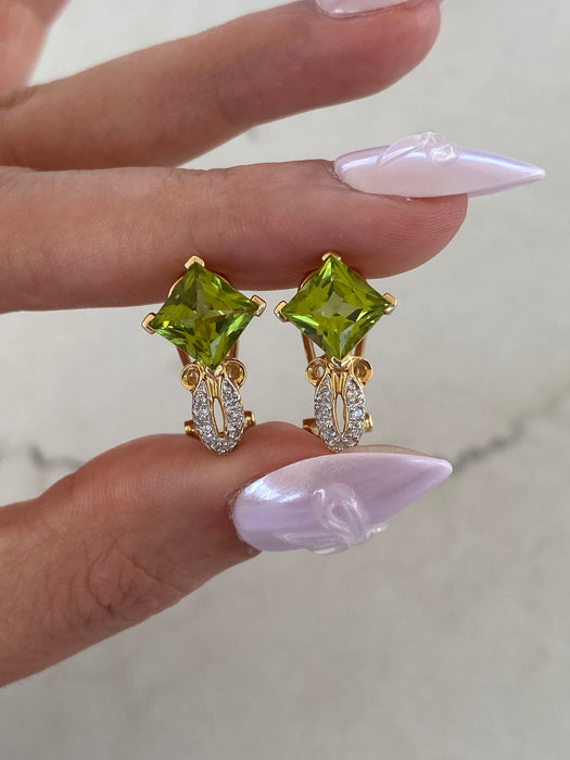 Vintage 14k Gold Peridot and Diamond Omega Back Earrings | Princess Cut Peridot