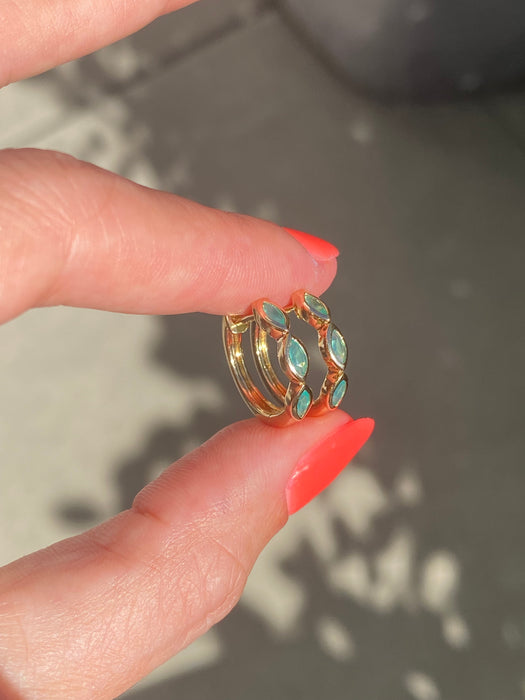 14k bezel set marquise green agate huggie earrings