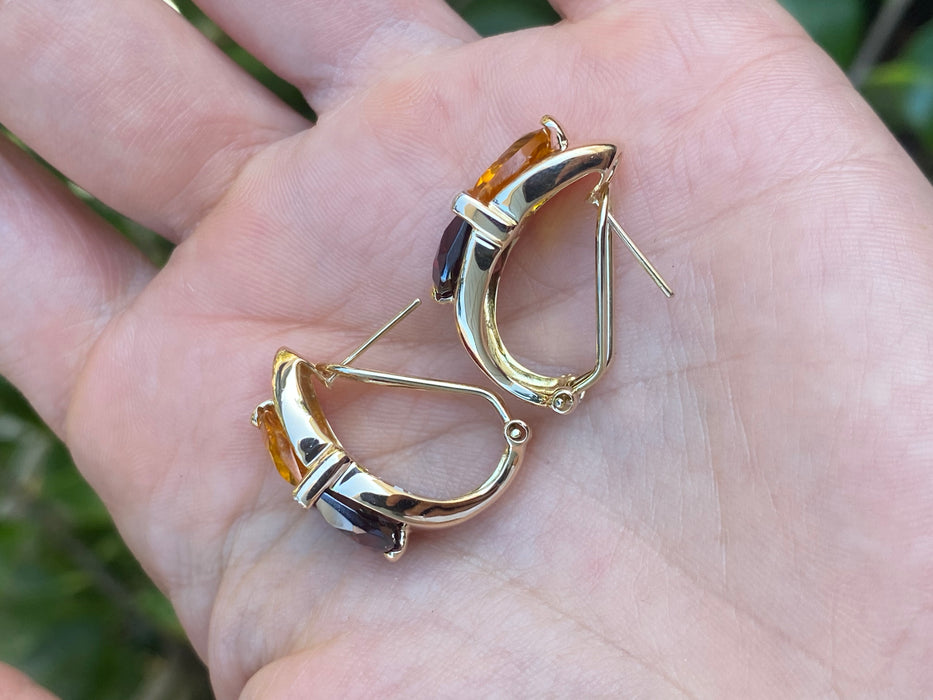 Vintage 14K Gold Garnet, Citrine & Diamond Half Moon Earrings with Omega Backs