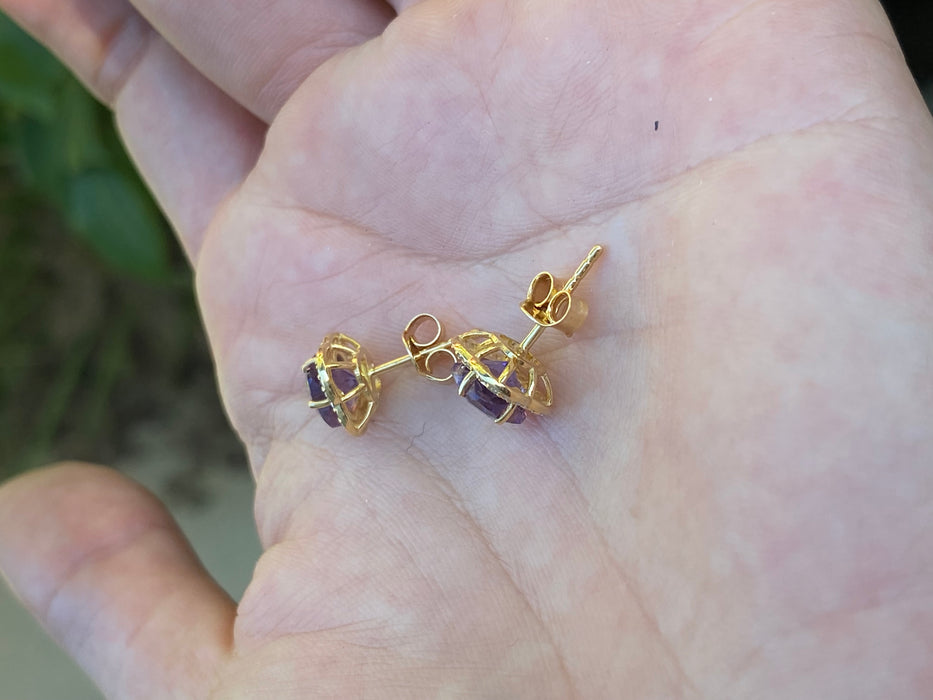 14k amethyst flower diamond stud earrings