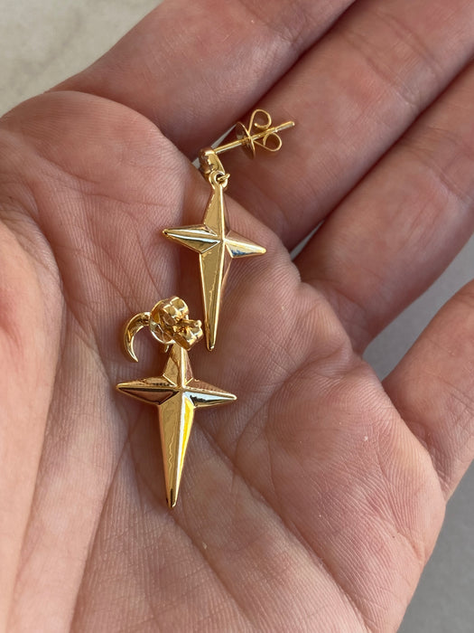 14k Gold Diamond Crescent Moon & Star Drop Earrings