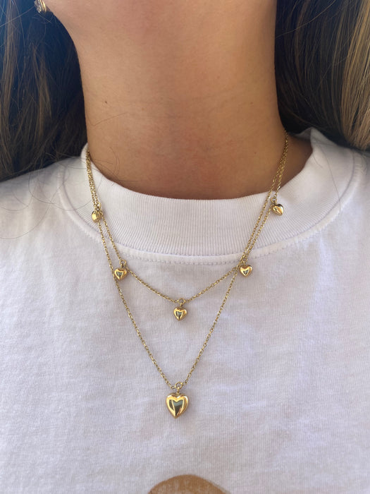 14K Gold Double Layer Heart Necklace with Dangling Heart Detail