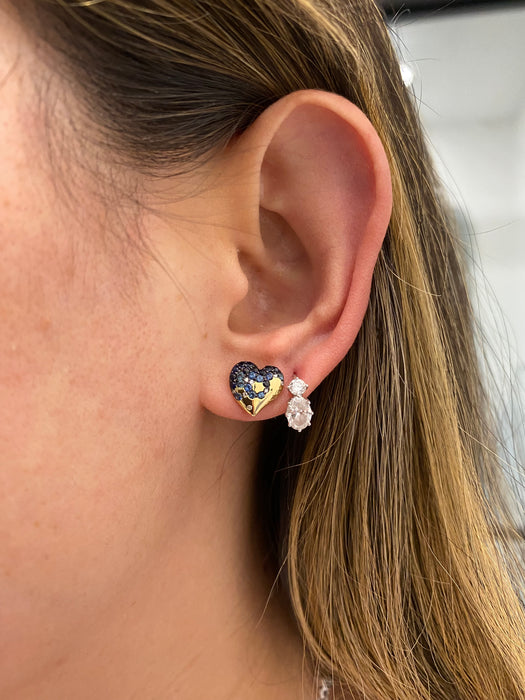 14K Gold Blue Sapphire & Diamond Heart Stud Earrings