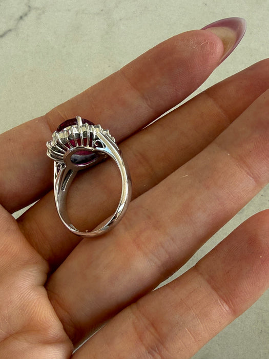 Vintage Platinum 900 Rubellite Tourmaline & Diamond Halo Ring