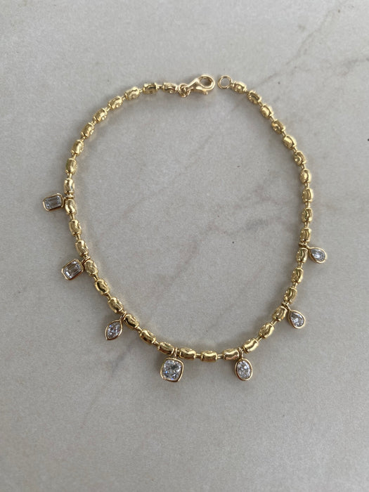 14K Gold Diamond-Cut Bead Bracelet with Lab Diamond Charm Drops