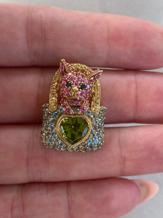 Vintage 18K Sapphire Peridot Cat Slider Charm