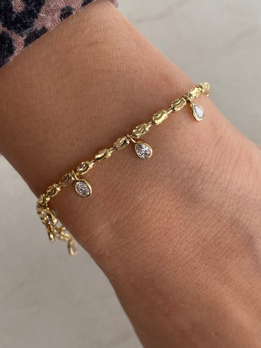 14K Gold Diamond-Cut Bead Bracelet with Lab Diamond Charm Drops
