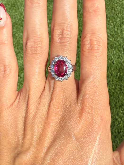 Vintage Platinum 900 Rubellite Tourmaline & Diamond Halo Ring