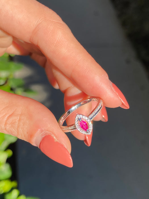 18k white gold ruby diamond marquise ring size 6.75