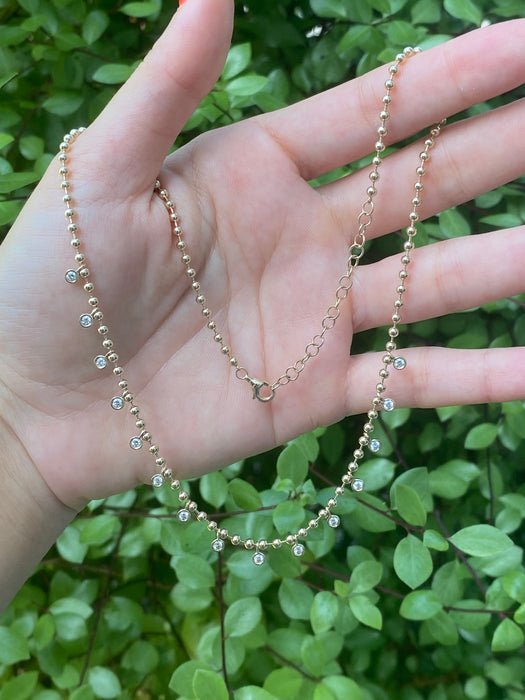 14k bead necklace with bezel set diamond charms
