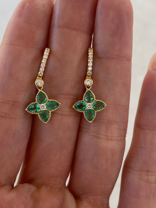 18K Gold Emerald & Diamond Flower Charm Huggie Earrings