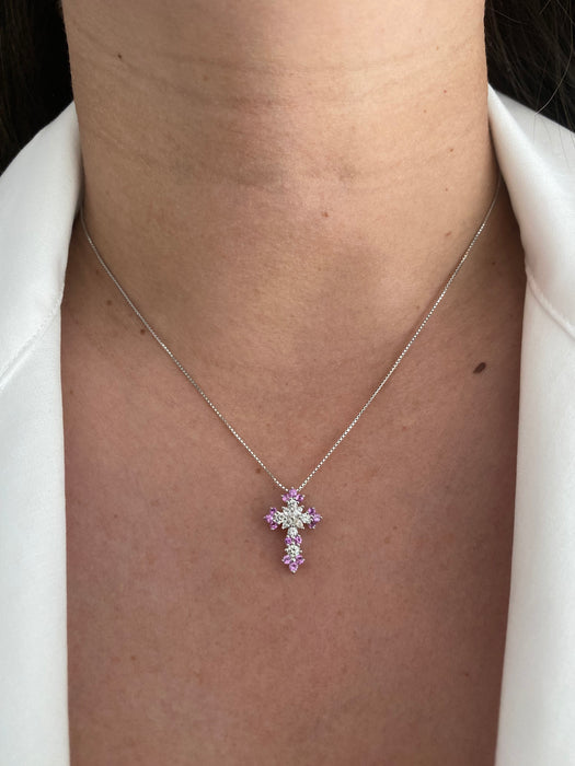 18k white gold pink sapphire diamond cross necklace