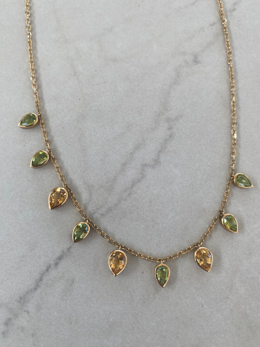14K Solid Gold Peridot & Citrine Station Chain Necklace