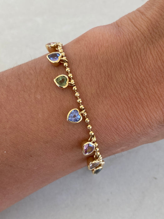 14K Gold Multi-Color Sapphire Heart Bead Bracelet