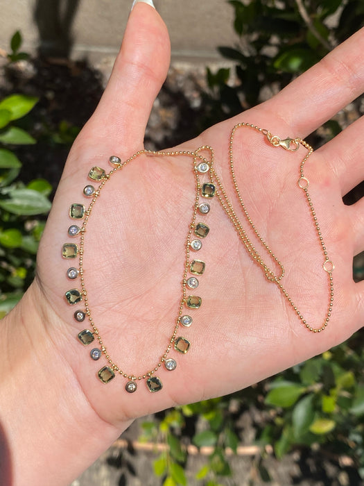 14K Gold Green Sapphire & Diamond Bead Necklace – 4.8 Carat Sapphire & 0.46 CTW Natural Diamond Charms