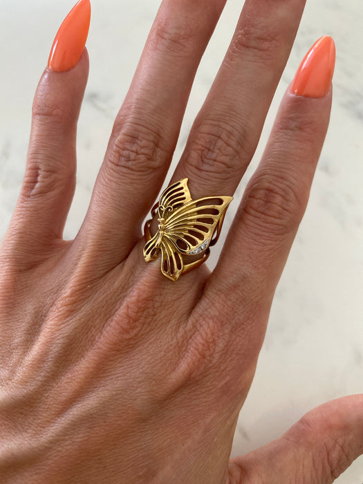 Vintage 18K Gold Diamond Butterfly Ring – Size 7