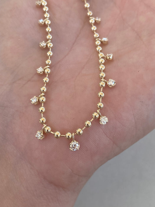 14K Gold Solid Bead Chain with Natural Diamond Drops