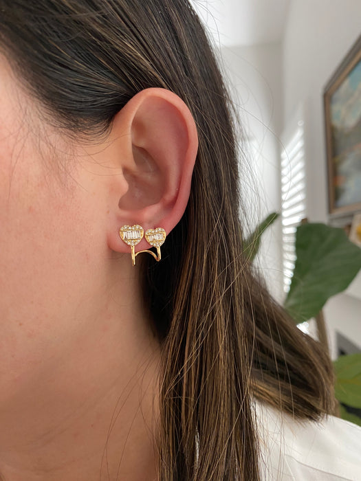 Vintage 18K Gold Diamond Double Heart Stud Earrings – 1 CTW Baguette & Round Diamonds