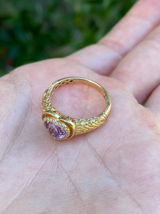 18K Gold Pink Sapphire Heart & Diamond Ring – 1.03 CT Unheated Sapphire – Size 6.5
