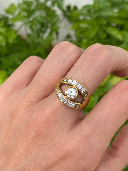 Vintage 18K Gold Diamond Ring – Bezel Set Center with Step Cut Diamonds – 1.38 TCW Natural Diamonds – Size 6