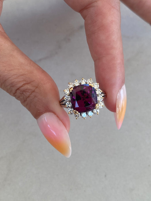 Vintage 18K & Platinum 900 Cushion-Cut Rhodolite Garnet & Diamond Ring