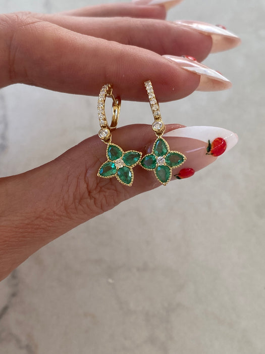 18K Gold Emerald & Diamond Flower Charm Huggie Earrings