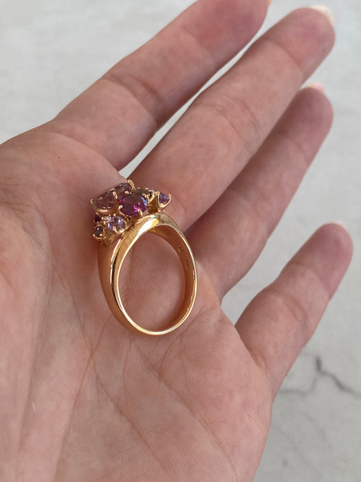 Vintage 18K Rose Gold Multi-Gemstone Cluster Ring – Pink Tourmaline, Amethyst, Smoky Quartz & Diamonds | Size 8