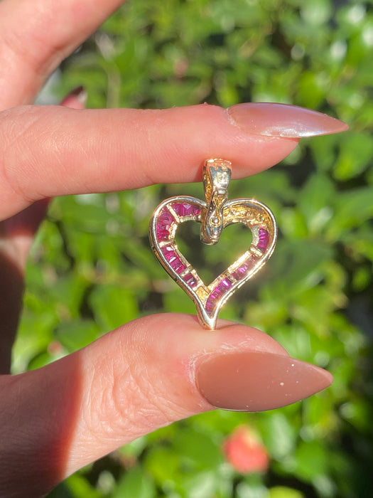 Vintage 14K Gold Princess Cut Ruby & Diamond Heart Pendant
