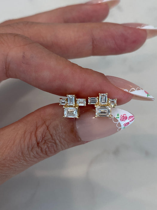 14K Gold Lab Grown Emerald Cut Diamond Cluster Stud Earrings 1.25 CTW