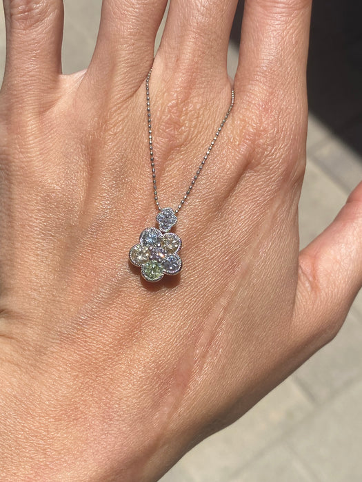 Vintage Platinum Bead Necklace with Articulated Natural Diamond Flower Charm