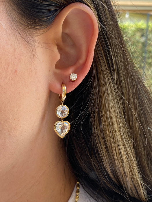 14K Gold Bezel Set White Topaz Heart Drop Huggie Earrings | 15.5 CTW White Topaz