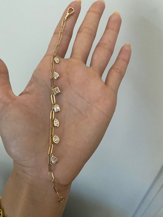 14k Gold Lab Diamond Bezel Charms Paperclip Bracelet With Dog Clip