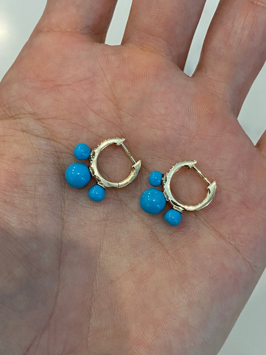 14K Gold Turquoise & Diamond Huggie Earrings – 3.75 CT Turquoise