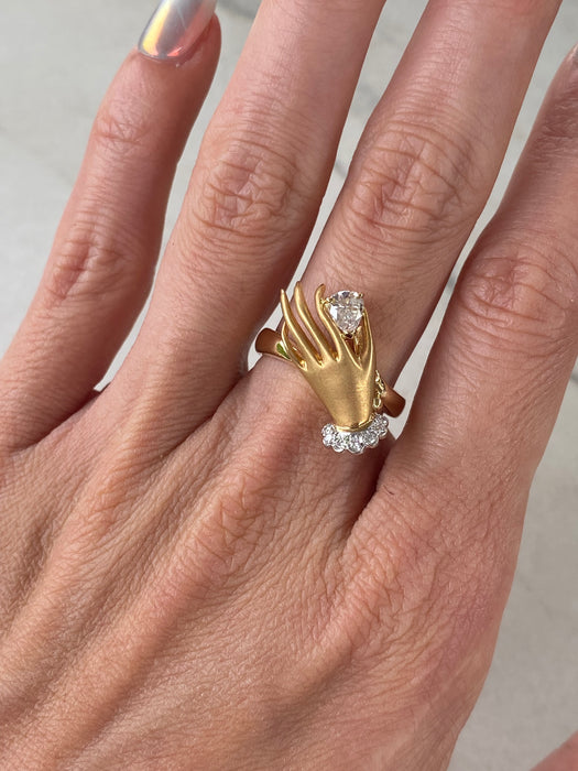 Vintage 18K Brushed Gold Hand Ring with Pear-Cut Natural Diamond