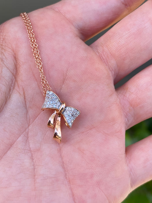 14k rose gold diamond bow necklace