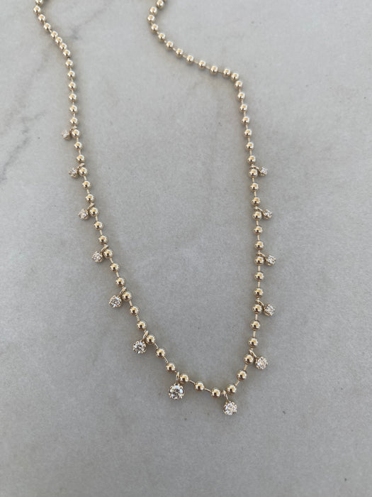 14K Gold Solid Bead Chain with Natural Diamond Drops
