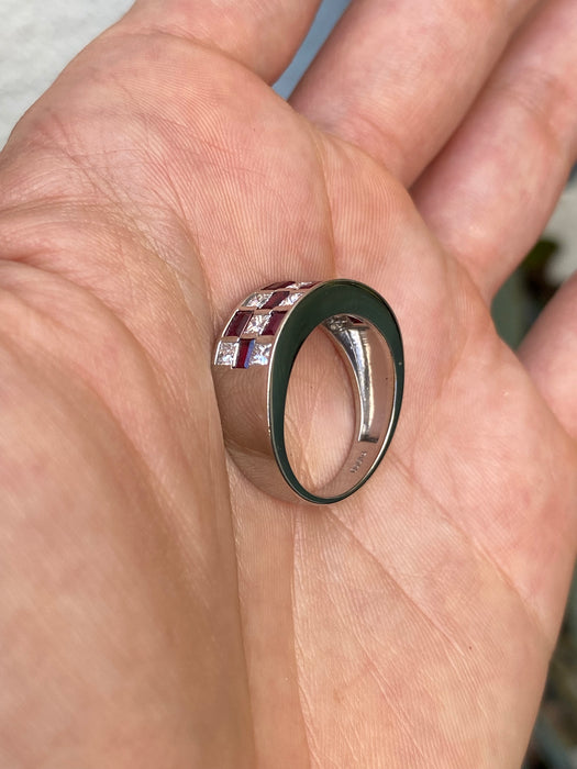 Platinum 900 ruby diamond checkerboard ring size 6.5