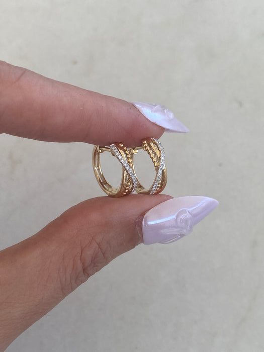14K Natural Diamond Three-Row Crossover Huggie Earrings